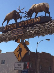 The "world's largest elkhorn arch" atop the main street in Afton, Wyoming.