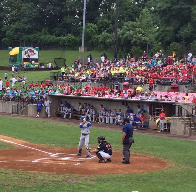 Their bright colored t-shirts makes it easy to spot the campers watching the New Jersey Jackals at Yogi Berra Stadium